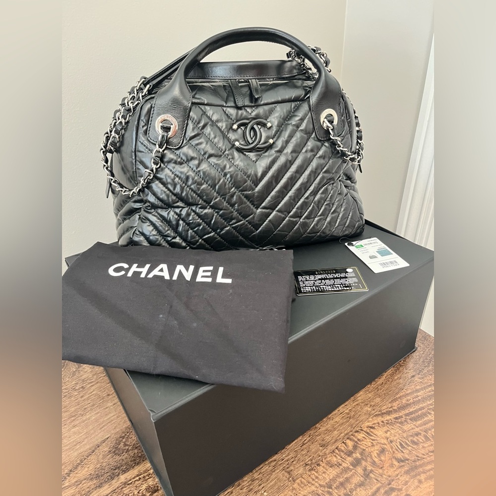 Chanel Aged Calfskin Chevron large soft bowling bag